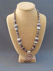 Woven Seed Bead Pendant Necklace Sterling Silver Handmade Shell Disc Pearl