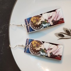 Art Nouveau Alfonse Mucha Painting Lucite Acrylic Rectangle Pendant Earrings