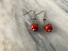 Red Copal set in repousse’ Tibetan Silver, Sterling Hooks 1.25″ Earring 16