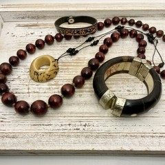VTG Tribal Jewelry Set: 2 Necklaces, 2 Brcelets Wood Leather Horn Metal