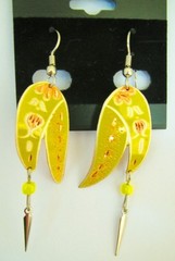 Yellow Silver Copper & Enamel Earrings Etched Floral Abstract Design Dangle Boho