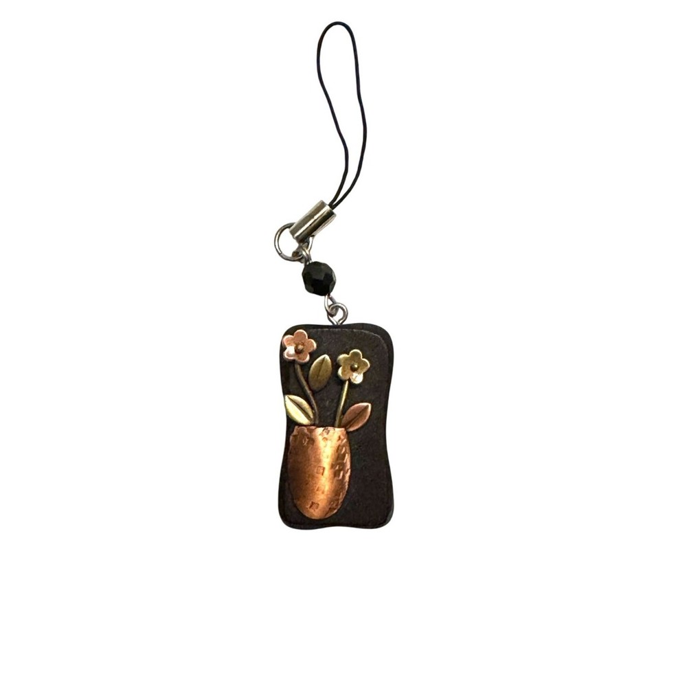 Handcrafted Metal Floral Charm Pendant – Copper Vase & Flowers on Black Pendant