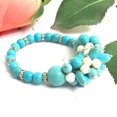 Blue Magnesite Turquoise & White pearl stretch Bracelet 8″ for gift ideas*