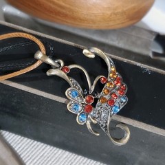 Rustic Antique Bronze Rhinestones Art Nouveau Pendant Necklace Vegan Leather