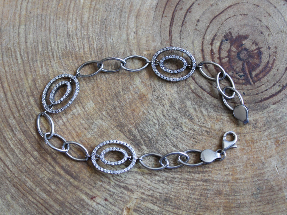 Sterling Silver Link Bracelet w Double Oval CZ accents by CI Turkey