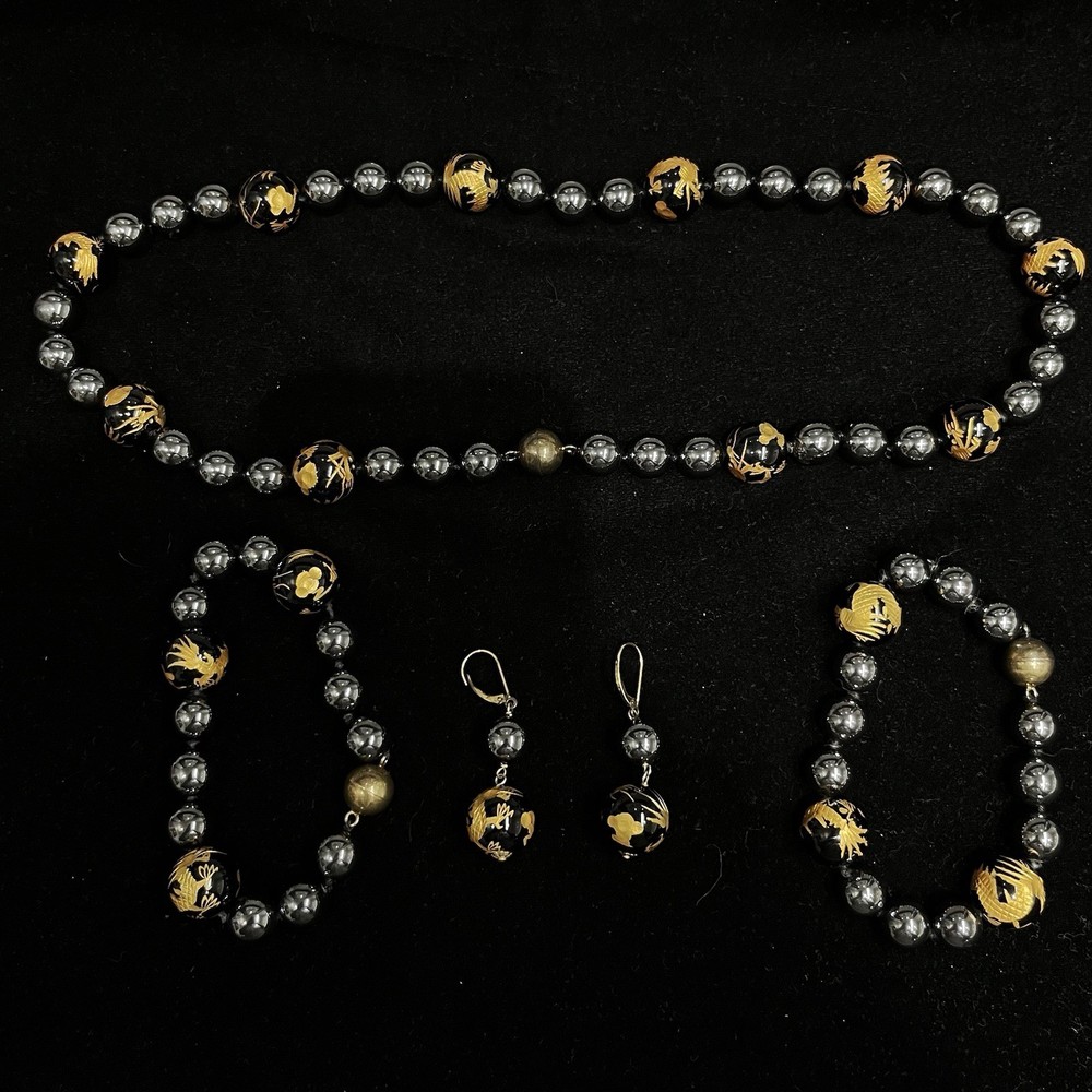 Hematite Asian Inspired Bead Necklace, Earrings, 2 Bracelet Set, .925 Clasp