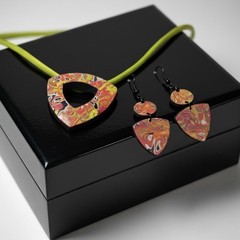 Handmade Marbled Red Polymer Clay Large Pendant Necklace on Cord & Earring Set
