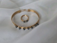 Vintage Gold Filled Wire Wrapped Bangle 7″ Bracelet & Ring Set Gun Metal Beads