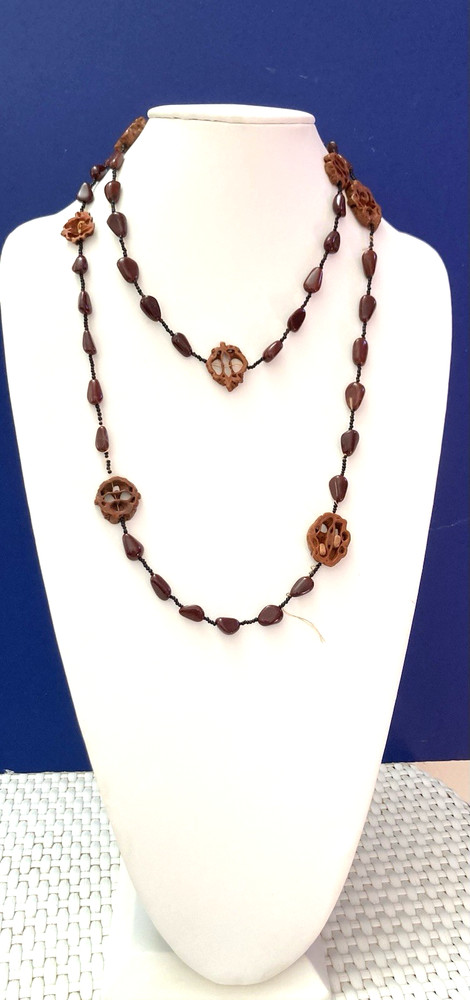 SW 24″ Petrified Brown Wood Bead Necklace with Fossil ,Tear Drop, & Seed Beads