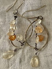 Artisan Pounded 925 Wirework W/ Briolette Faceted Crystal Dangle Drop Earrings