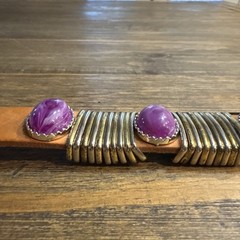Valerie Brown Leather Bracelet Purple Plastic Stone Snap Closure 7-7.5″ Italy