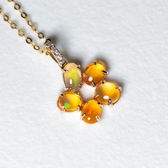 Flower Design Mexican Fire Opal Diamond Pendant Necklace 14k Yellow Gold