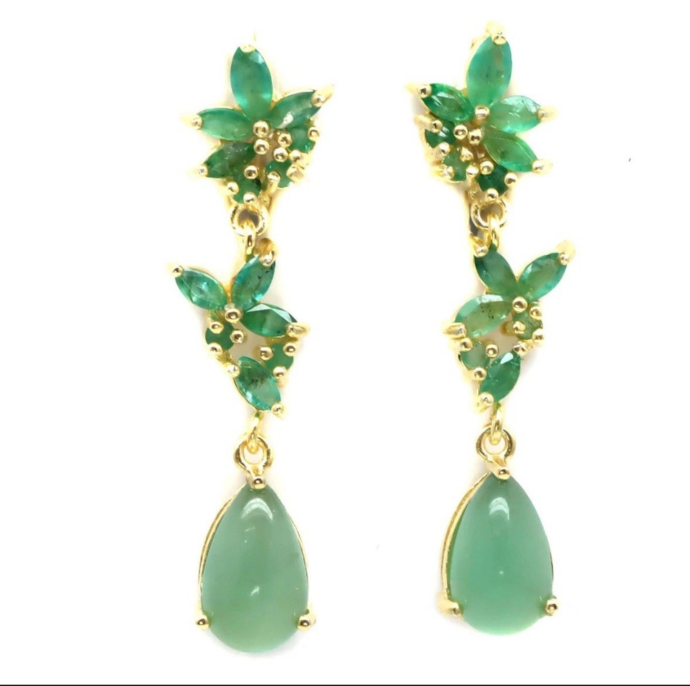 Handmade Green Prehnite And Emerald Drop Dangle Earrings Silver 925 Gold Plated