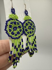 Bright Green & Blue Dream Catcher Seed Bead Dangle Earrings 3.5”