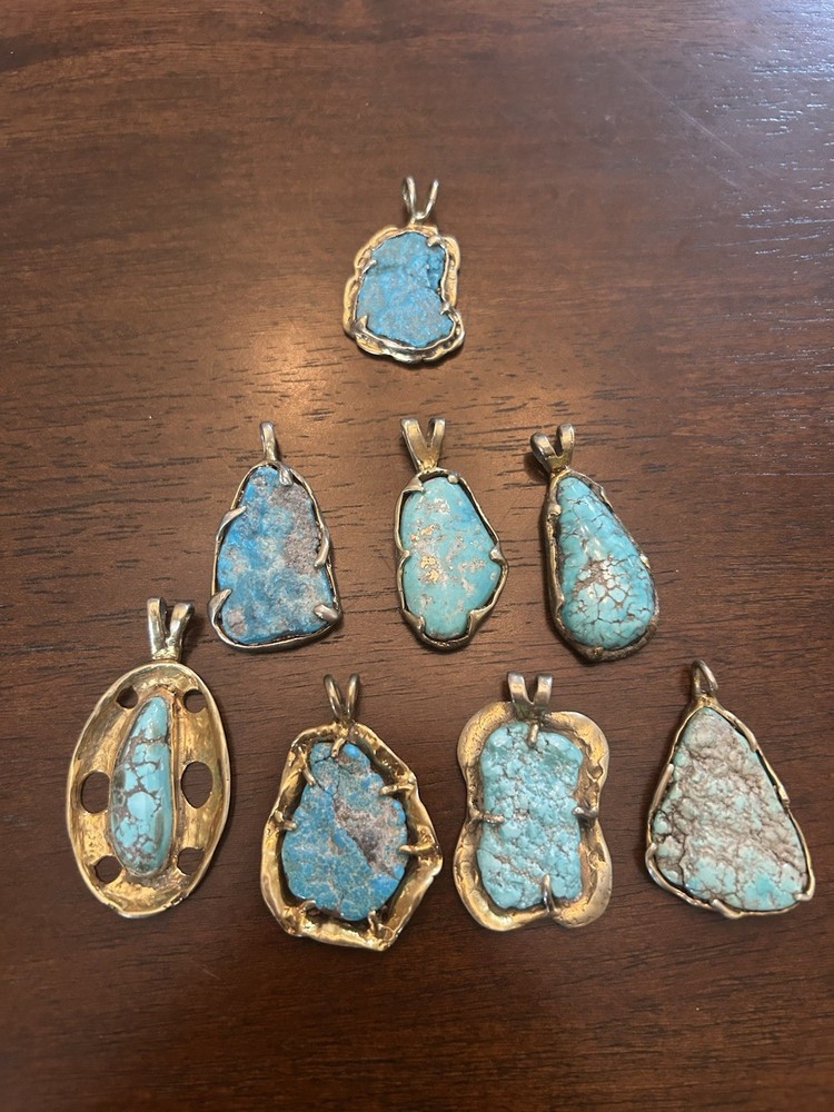 Lot of 8 Vintage Handmade Turquoise Pendants Gold Plated Silver Alloy Artisan