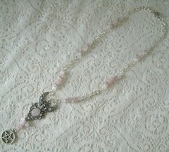 Rose Quartz Crescent Moon Wiccan Pagan Wicca Witch Goddess Pentacle Necklace
