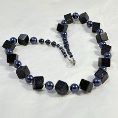 Blue Goldstone Necklace Faux Pearl Square Beads Sterling Silver 925 Clasp 19″