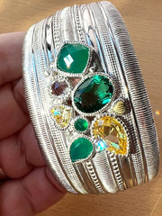 JUDITH RIPKA WIDE CUFF BRACELET STERLING &18K GREEN QUARTZ CANARY CZ CHALCEDONY