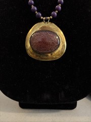 Vintage Artisan 8mm Beaded Charoite Necklace w/ Brass Glass Pendant Handmade 30”