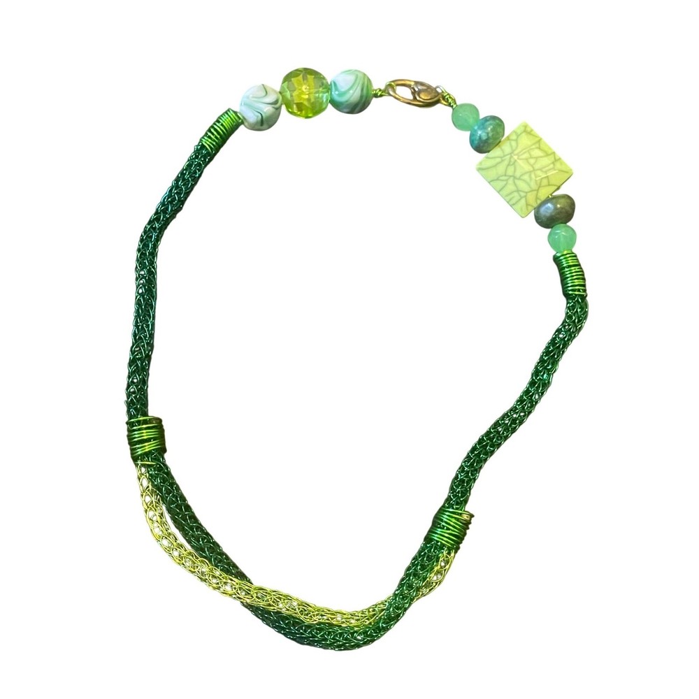 Artisan Modern Viking Knit Wire Woven Necklace 20″ Green Mixed Media Statement
