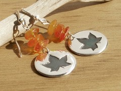 OOAK Autumn Leaf Earrings, Handmade Sterling Silver, Amber accents