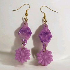 Handcrafted Polymer Clay Resin Gold Dangle Earrings Flower Marbled Pink Purple