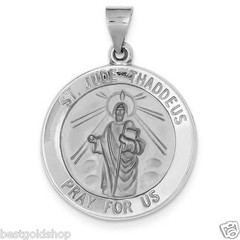 3D St Jude Thaddeus PRAY FOR US Medal Charm Pendant Solid Real 14K White Gold