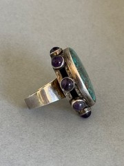 Vintage Sterling Silver with Turquoise and Amethyst Ring 1 1/4” Size 9 3/4