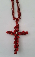 Handmade Necklace Cross GLASS BEADS RED WHITE CATS EYE Tone CORAL Pieces 22 inch