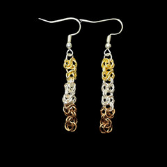 Brown, Silver & Gold Tone Byzantine Weave Chainmaille Earrings, 2.25 in.