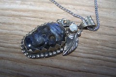 Southwestern Silver Tibetan Carved Moonstone Labradorite SKULL Pendant Necklace