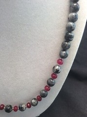Handmade Indian Black Gray Labradorite & Red Jade Sterling Silver Necklace 21”