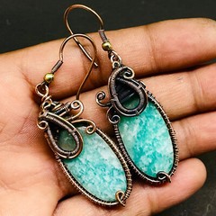 Natural Amazonite Gemstone Copper Wire Wrapped Handcrafted Earrings 45x18mm