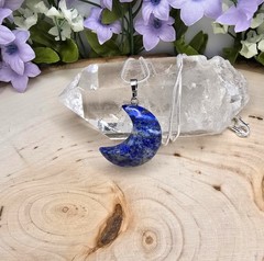 Natural Lapis Lazuli Crescent Moon Pendant Necklace: 925 Sterling Silver Chain
