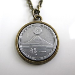 JAPAN Coin Pendant Necklace – Repurposed Vintage 1940s Silver Tone Mt. Fuji Coin