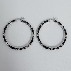 Lauren G Adams Large Enamel Hoop Earrings Black CZ’s Silver Tone Metal Pierced