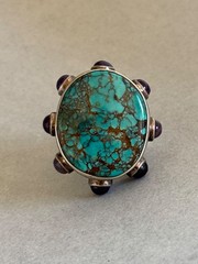 Vintage Sterling Silver with Turquoise and Amethyst Ring 1 1/4” Size 9 3/4