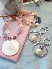 Vintage Jewelry Set, Purple Glass Bead Necklace, MOP Shell Pendant Hoop Earrings