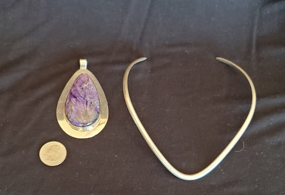 Teardrop Purple Stone Pendant 925 Sterling Silver Collar 4.0 oz total weight