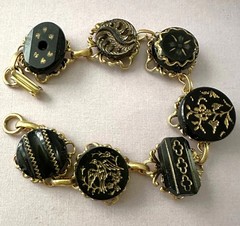 Unique Handcrafted Antique Victorian Black Glass Button Bracelet
