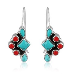 925 Sterling Silver Handmade Earrings Natural Turquoise & Coral Stone Earrings