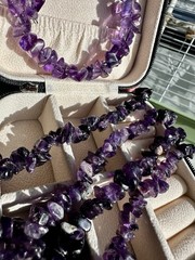 Lot of 2 Natural Amethyst Stone Chip Long Necklace & Wire Wrap Bracelet In Box!
