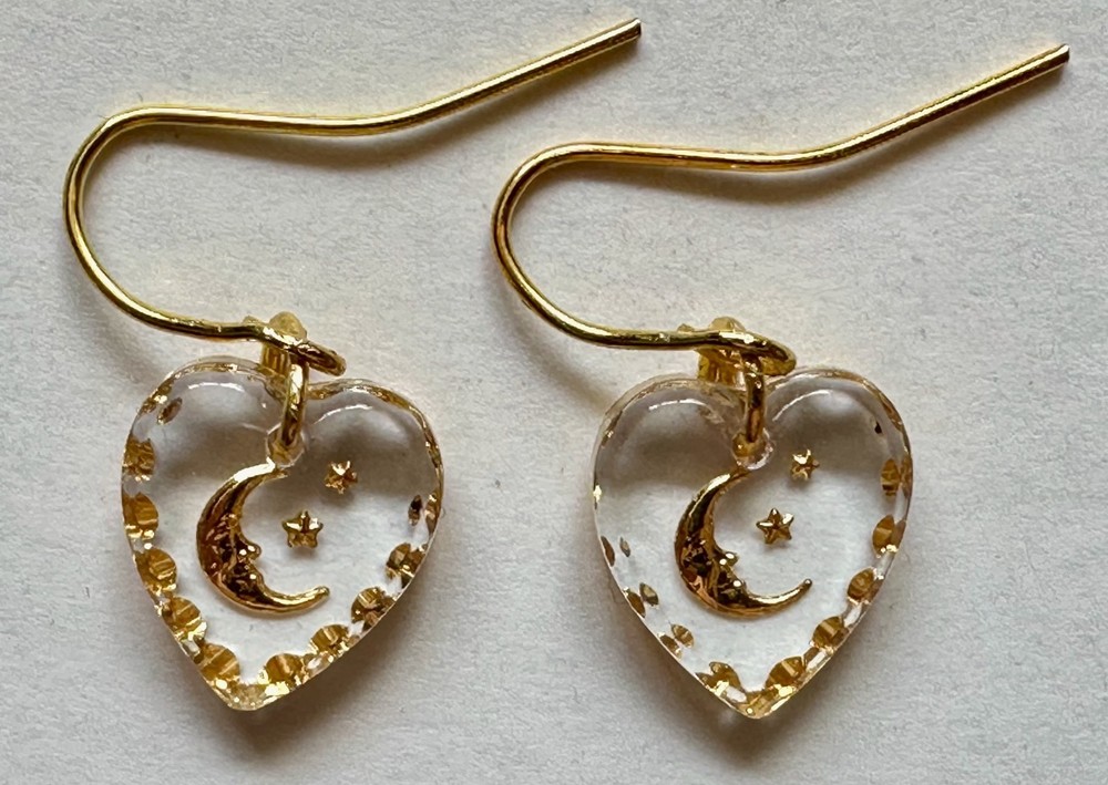 Vintage handmade glass heart charm pendant gold moon stars 1/2 of 1″ Earrings GP