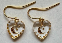 Vintage handmade glass heart charm pendant gold moon stars 1/2 of 1″ Earrings GP