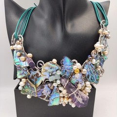 Raw Amethyst, Paua Shell n CFWP Bib Style Mixed Media Necklace