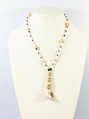 Artisan Black White Bead Wood Spiral Shell Y Drop Necklace 20 Inches