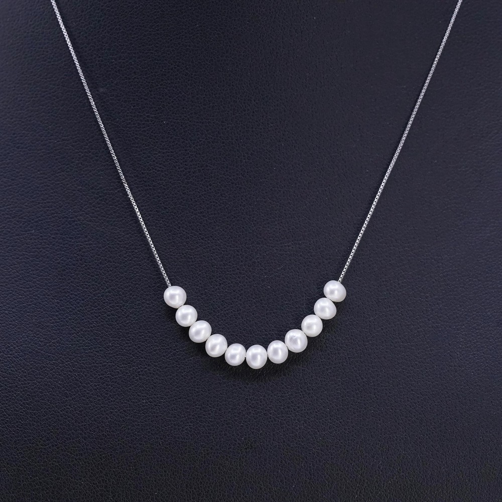 16″, vintage Sterling 925 silver box chain necklace with pearl beads pendant