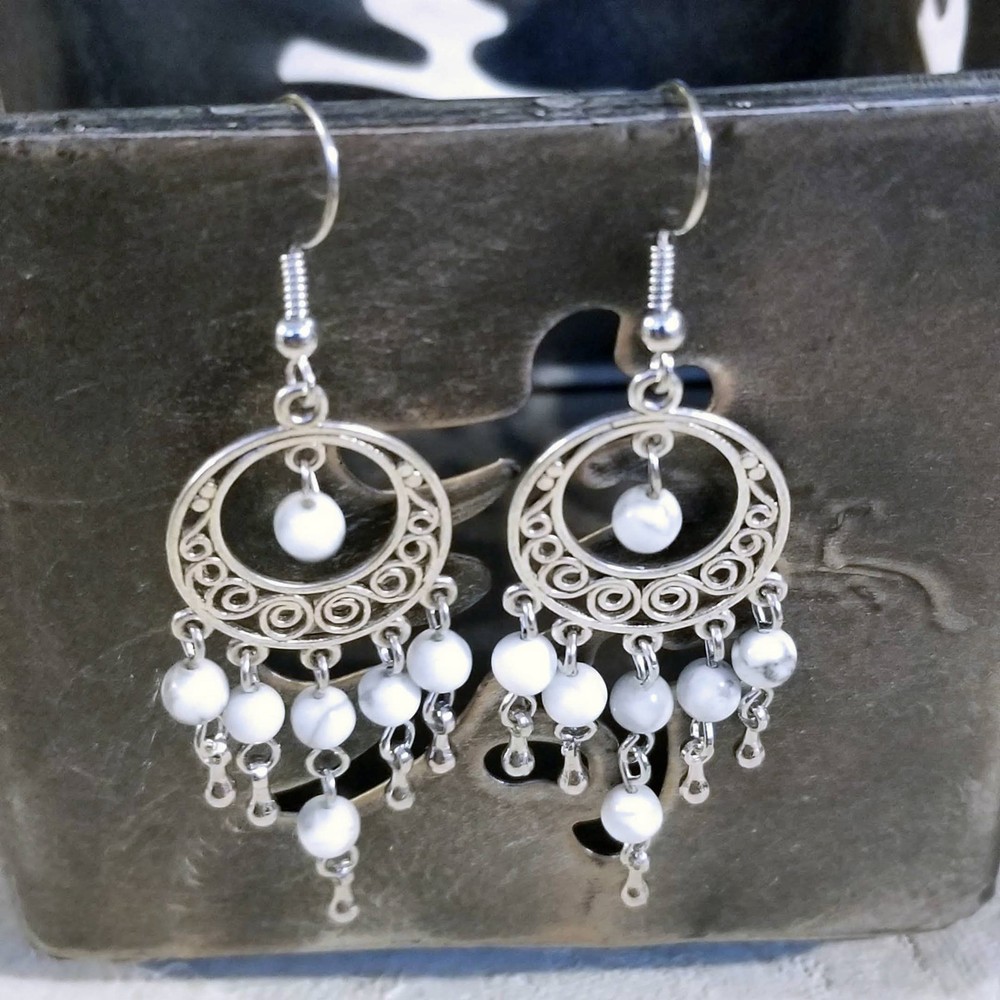 Handcrafted Natural White Howlite Gemstone Antique Silver Chandelier Earrings