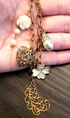 Vintage Repurposed Recycled Unique Charms Flower Heart Pearl Mismatched Necklace