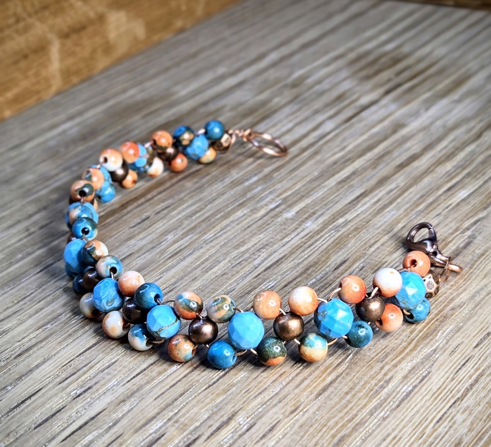 Flame Kissed Blue & Stabilized Turquoise W/ Orange Handwoven Copper Bracelet